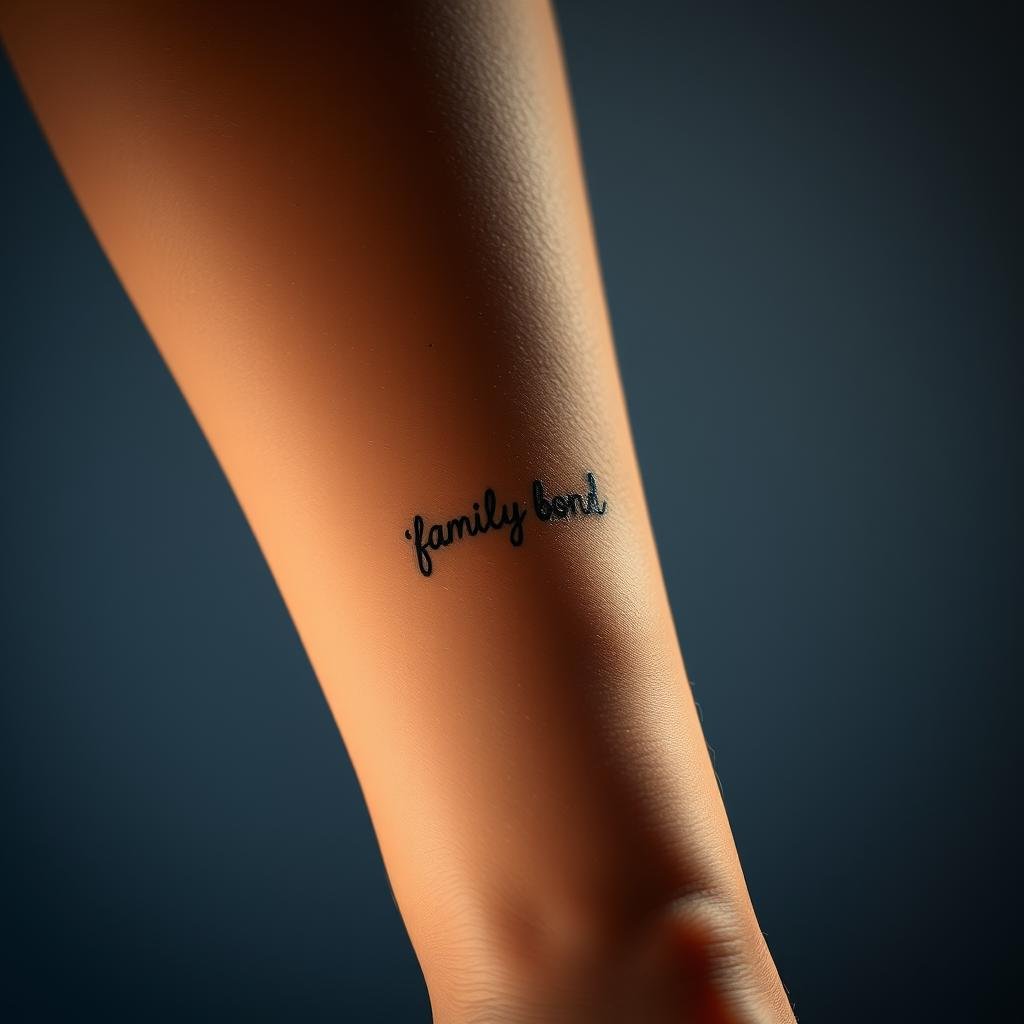A beautifully lit, close-up photographic study of a person's forearm displaying a collection of delicate, intricate family bond tattoos. The placement showcases the tattoos in a visually striking manner, drawing the viewer's eye to the intricate linework and subtle shading that captures the essence of familial connections. The lighting is soft and diffused, creating a sense of intimacy and highlighting the tender, personal nature of the tattoos. The background is subtly blurred, ensuring the focus remains on the detailed tattoos and their thoughtful placement on the skin.