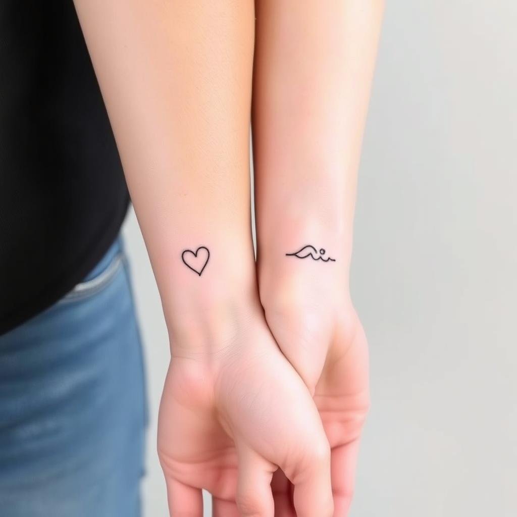 A close-up composition showcasing a family's matching tattoo designs. In the foreground, a parent's hand gently holds a child's hand, their skin adorned with complementary symbols or patterns that represent their bond. In the middle ground, a sibling's hand joins the scene, their tattoo mirroring or complementing the parent-child design. The lighting is warm and intimate, casting a soft, natural glow on the skin and highlighting the intricate details of the tattoos. The background is slightly blurred, keeping the focus on the hands and the meaningful, personalized artwork they display.