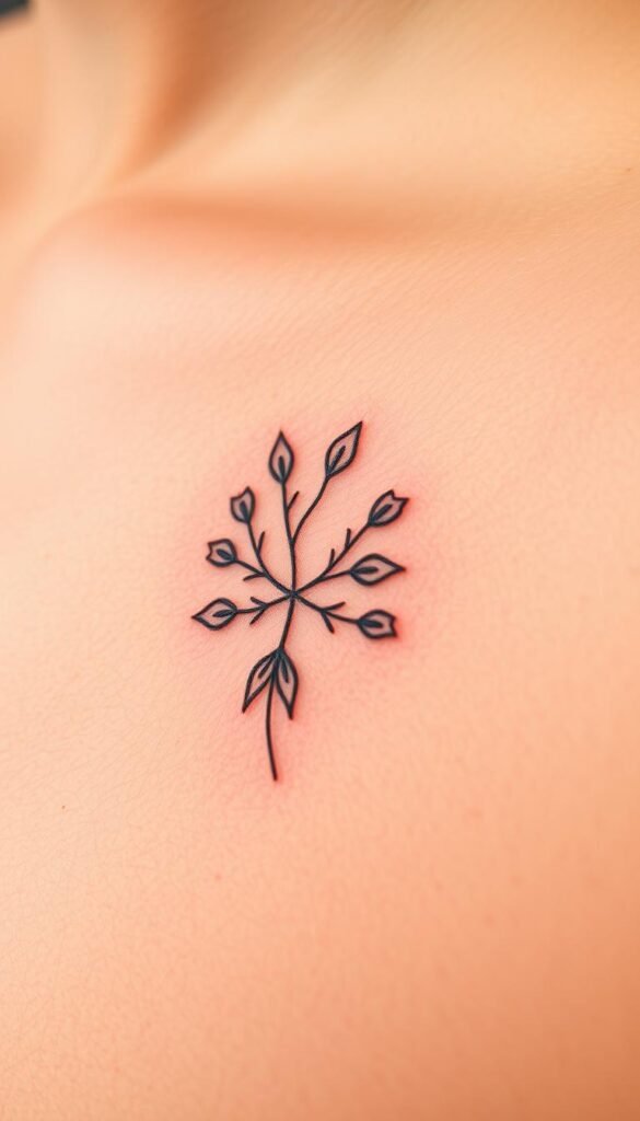 A close-up shot of an intricate father-daughter tattoo design on a person's skin. The tattoo features a delicate floral pattern with intertwined stems and petals, symbolizing the bond between a father and his daughter. The design is hand-drawn with fine lines, creating a personal and bespoke aesthetic. The skin tone is warm and natural, with subtle highlights accentuating the delicate linework. The image is captured at a flattering angle, allowing the viewer to appreciate the thoughtful details and the meaningful nature of the tattoo. The overall mood is intimate, sentimental, and reflective of the unique relationship celebrated through this personalized ink.
