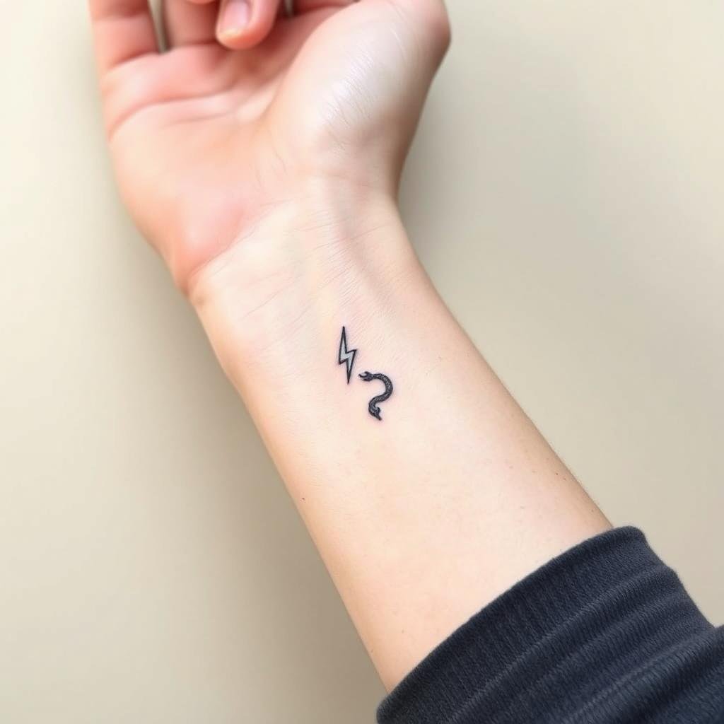 A close-up view of a delicate, custom-designed Harry Potter-inspired lightning bolt tattoo on a person's skin. The bold, black outline contrasts against the pale, smooth flesh, with subtle hints of shading and gradient to add depth and dimension. The tattoo is placed on the upper arm or shoulder, allowing it to be easily visible. The lighting is soft and diffused, creating a gentle, magical atmosphere that complements the iconic symbol. The scene is captured at a medium-close angle, emphasizing the intricate details and the personal connection the wearer has with the magical world of Harry Potter.