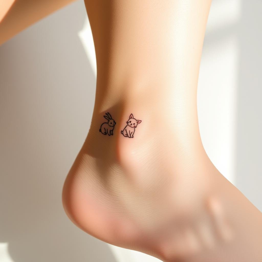 A close-up view of a model's wrists and ankles, featuring a series of adorable small animal tattoos. The tattoos depict various cute creatures such as rabbits, kittens, and baby birds, meticulously detailed with delicate linework and soft, pastel colors. The placement of the tattoos accentuates the model's slender, feminine features, creating a visually appealing and harmonious composition. The lighting is soft and natural, casting gentle shadows and highlighting the intricate details of the tattoos. The background is blurred, allowing the viewer to focus on the delicate artwork adorning the model's skin.