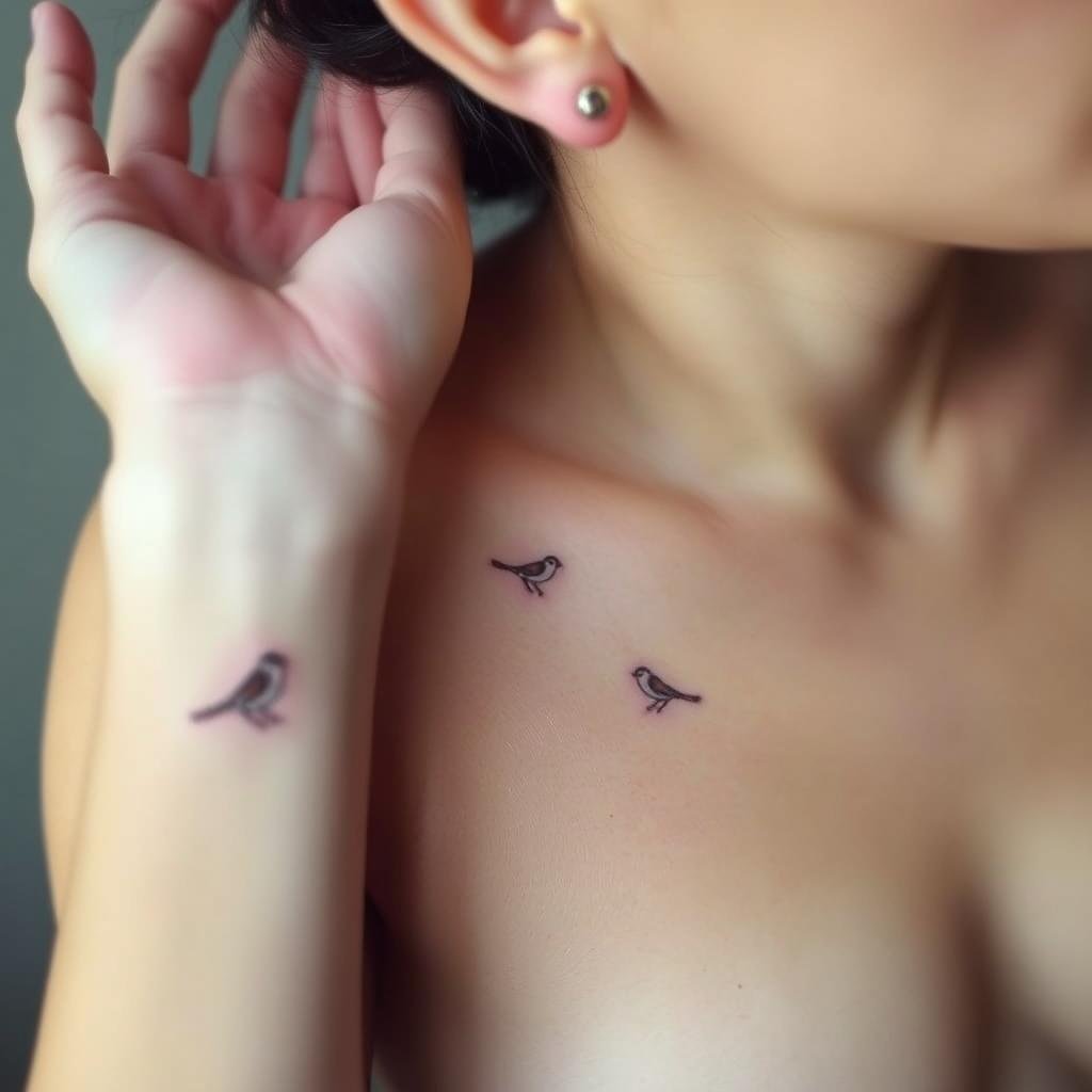 A close-up view of a person's body with multiple small bird tattoos placed in various locations, including the shoulder, wrist, behind the ear, and on the ribcage. The tattoos are delicately rendered in a fine, minimalist style, with intricate details and soft, natural colors. The lighting is soft and diffused, highlighting the skin's texture and the subtle shading of the tattoos. The composition focuses on the placement of the tattoos, showcasing their versatility and the potential for personalization. The overall atmosphere is intimate and serene, inviting the viewer to appreciate the thoughtful placement and artistry of these charming bird tattoos.