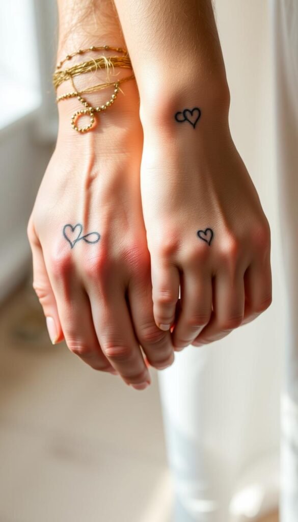 A close-up view of two hands, one larger and one smaller, clasped together in a loving embrace. The skin is smooth and warm, with matching tattoos on the inner wrists depicting a simple, yet meaningful design - a heart or infinity symbol, representing the unbreakable bond between a father and his daughter. The image is bathed in soft, natural lighting, creating a serene and intimate atmosphere. The focus is on the hands and tattoos, with a blurred, out-of-focus background suggesting a peaceful, private setting. The overall mood is one of tenderness, affection, and the profound connection between a parent and child.