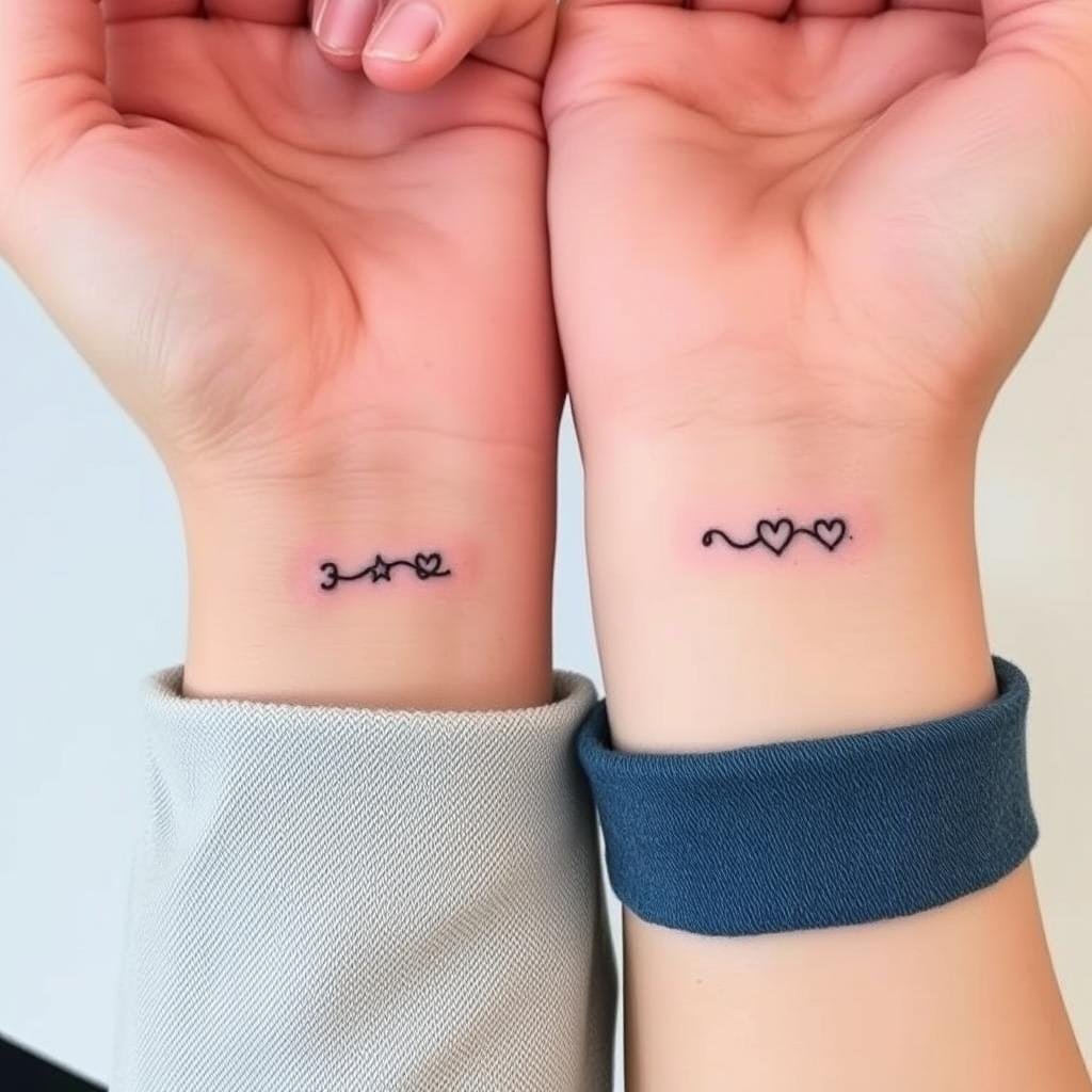 A close-up view of two pairs of hands, their skin intertwined, each showcasing a matching tattoo design. The tattoos are delicate, intricate line-work illustrations, perhaps a symbolic motif or shared imagery between the individuals. The hands are positioned in a natural, relaxed manner, suggesting a sense of intimacy and a meaningful connection. The lighting is soft, accentuating the subtle details of the skin and the tattoos. The background is blurred, placing the focus solely on the hands and the shared experience they represent.