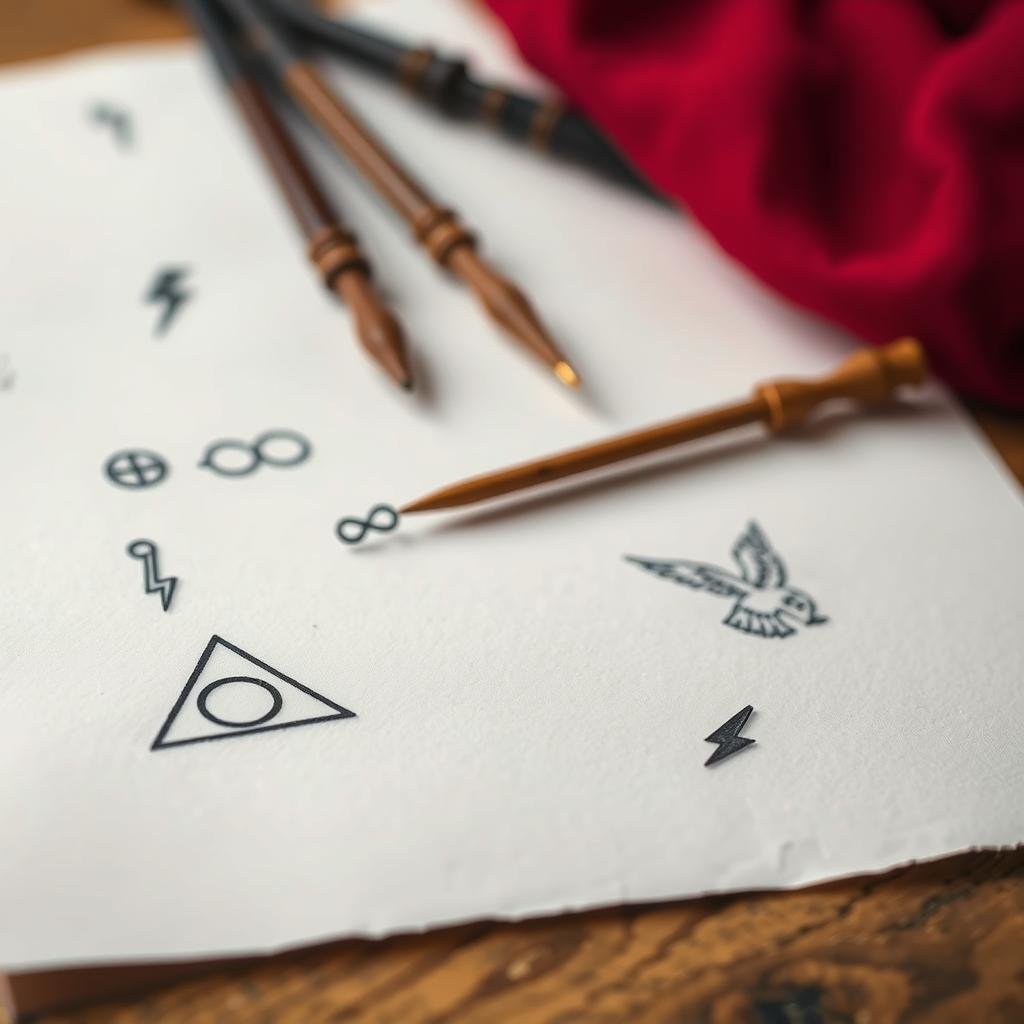 A collage of small, intricate Harry Potter-themed tattoos scattered across a pale skin canvas. In the foreground, a delicately inked Deathly Hallows symbol, its lines crisp and the triangle subtly shaded. Surrounding it, a playful arrangement of minimalist icons - a lightning bolt, a pair of round spectacles, a majestic owl in flight. The middle ground features a trio of meticulously rendered wands, their wood grains and polished details captured with photorealistic precision. In the background, a subtle wash of muted magical hues, evoking the enchanting atmosphere of the Wizarding World. Soft, diffused lighting accentuates the tattoos' depth and lends a mystical, almost ethereal quality to the scene.