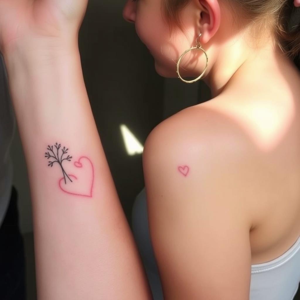 A collection of minimalist, matching tattoos decorating the skin of a close-knit family. Delicate line work traces simple, yet meaningful symbols - a minimalist family tree, intertwined hearts, or abstract geometric patterns. Soft, natural lighting reflects off the smooth, unmarked canvas of their skin, creating a sense of understated elegance. The tattoos are subtly positioned on the wrist, behind the ear, or on the shoulder - intimate, personal placements that echo the bond between family members. An air of quiet unity and subtle self-expression permeates the scene, capturing the essence of the &amp;amp;amp;amp;amp;quot;Minimalist Trends: Embracing Small and Subtle Family Tattoo Designs&amp;amp;amp;amp;amp;quot;.