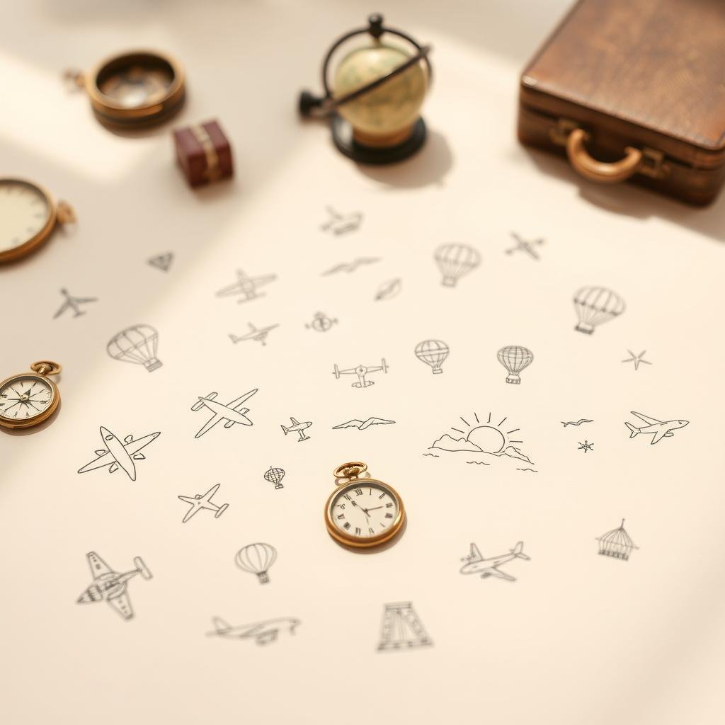 A collection of small, delicate travel-inspired tattoos arranged thoughtfully on a neutral background. In the foreground, intricate line-work designs depict compasses, airplanes, hot air balloons, and minimalist landscapes. The middle ground features a few scattered trinkets like a old pocket watch, a globe, and a vintage suitcase, subtly hinting at the adventurous spirit. The background is bathed in soft, natural lighting, creating a warm, nostalgic atmosphere. The overall composition evokes a sense of wanderlust and the desire to document life's journey through body art.