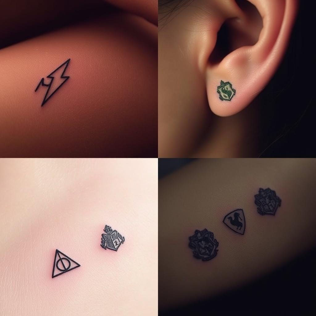 A collection of small, intricate Harry Potter tattoo designs with deep personal meaning. Delicate line art captures iconic symbols and characters from the wizarding world - a lightning bolt, Deathly Hallows, Hedwig the owl, Hogwarts house crests. The designs are rendered in a muted, earthy color palette with soft, natural lighting, creating an intimate, almost nostalgic atmosphere. The tattoos are tastefully placed on the inner forearm or behind the ear, subtly peeking out. An overall sense of magic, wonder, and personal connection to the beloved Harry Potter series.