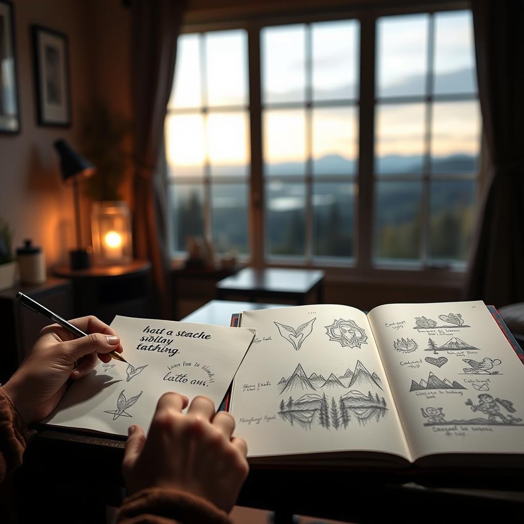 A cozy, dimly lit studio with soft, warm lighting that casts a gentle glow. In the foreground, a pair of hands carefully sketching matching sibling tattoo designs, with various small symbols and motifs such as birds, interlocking shapes, or initials. The middle ground features an open sketchbook showcasing several more stylized concept tattoos, each with a unique personal meaning. In the background, a serene, natural landscape with calming elements like mountains, forests, or a peaceful body of water, creating an introspective, thoughtful atmosphere.