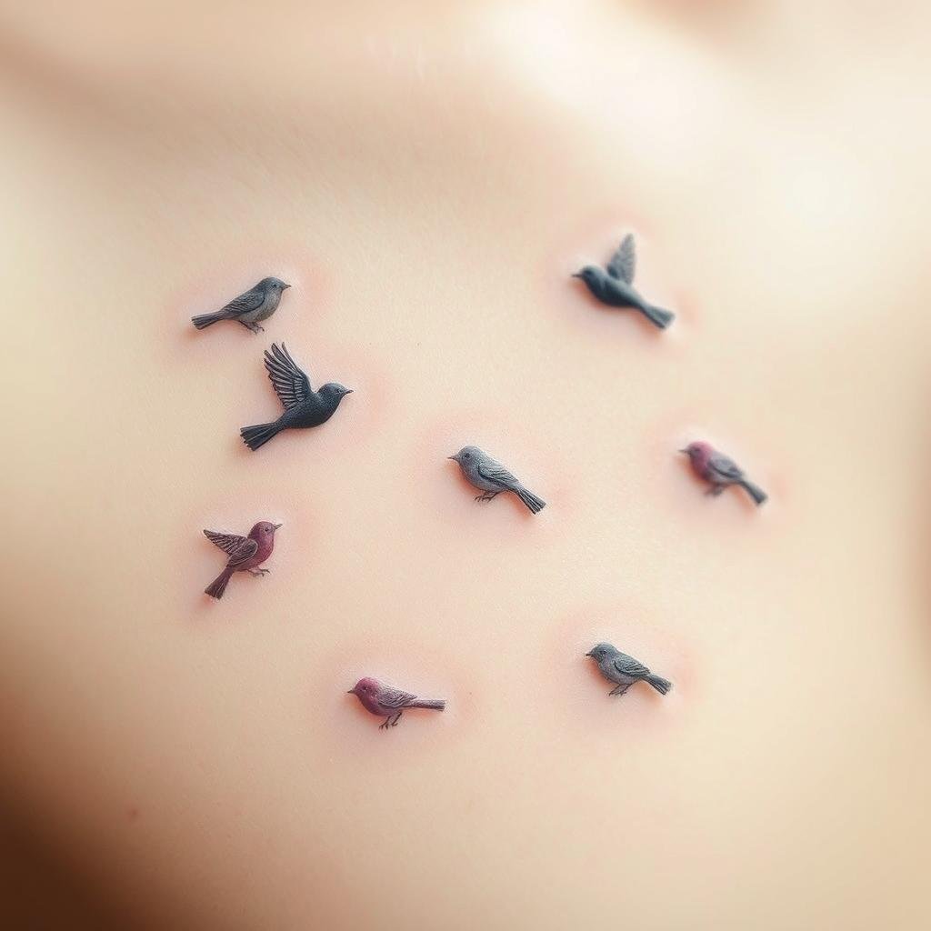A delicate arrangement of small bird tattoos, each with its own unique symbolic meaning, set against a soft, ethereal background. The birds, rendered in intricate detail, appear to flutter and perch gracefully on the skin, creating a sense of connection and personal significance. Subtle lighting casts gentle shadows, accentuating the intricate linework and shading of the tattoos. The overall mood is one of tranquility and personal expression, inviting the viewer to contemplate the deeper meaning behind these meaningful avian designs.