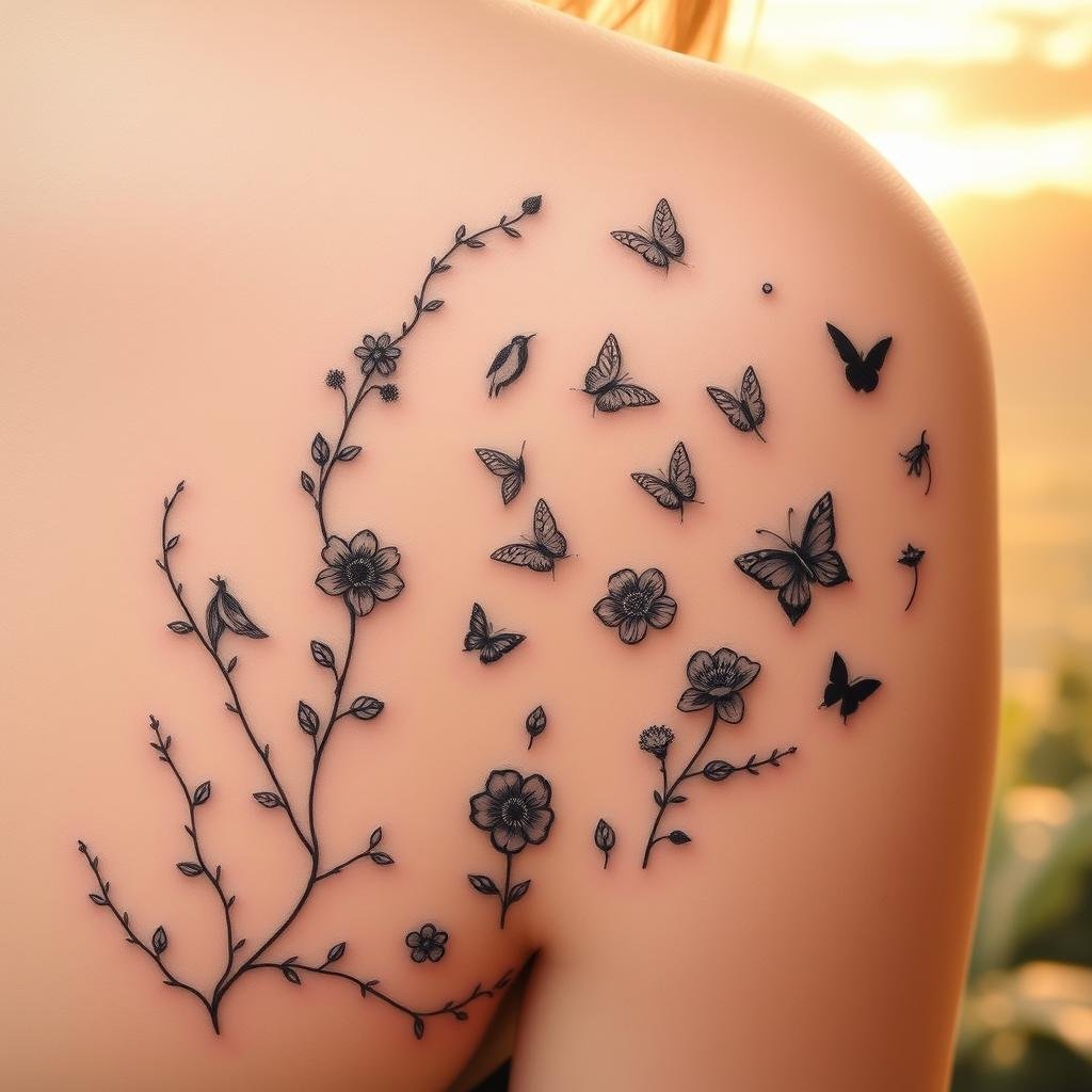 A delicate arrangement of tiny tattoo designs, inspired by the enchanting beauty of nature. In the foreground, intricate line art depicts graceful leaves, blooming flowers, and whimsical vines that wind along the skin. The middle ground showcases detailed silhouettes of birds in flight, butterflies, and other captivating wildlife, captured in a soft, muted palette. The background subtly hints at a serene, natural landscape, with hints of lush foliage and a tranquil sky bathed in warm, diffused lighting. The overall composition exudes a sense of organic harmony, creating a visually captivating and meaningful tattoo design.
