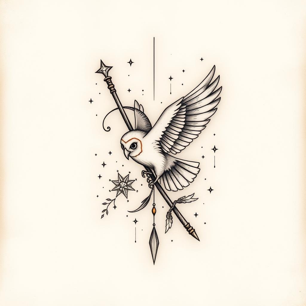 A delicate, hand-drawn Harry Potter-inspired tattoo design featuring a mystical wand, a majestic owl in flight, and enchanting elements from the wizarding world. Rendered in a soft, muted color palette with subtle textures, creating a sense of whimsical elegance. The design is meticulously detailed, with intricate linework and a harmonious composition that captures the essence of the beloved fantasy series. Framed by a subtle, earthy background that adds depth and atmosphere, the tattoo design exudes a sense of magic and wonder, perfectly suited for the &amp;amp;amp;amp;amp;amp;amp;amp;amp;amp;amp;quot;Magical Tattoo Ideas Inspired by the Harry Potter World&amp;amp;amp;amp;amp;amp;amp;amp;amp;amp;amp;quot; section.