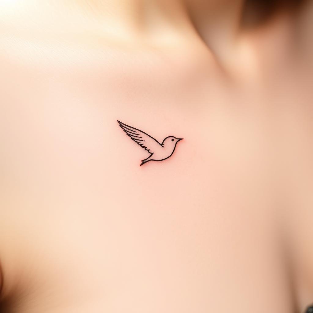 A delicate, minimalist bird tattoo design featuring a tiny, graceful sparrow or swallow in flight. The bird's feathers are rendered with fine, precise linework, creating a sense of fragility and elegance. The tattoo is depicted against a soft, muted background, perhaps hinted at with faint, wispy brushstrokes or a subtle gradient. The composition places the bird in a serene, almost meditative pose, capturing a fleeting moment of tranquility. Soft, diffused lighting gently caresses the design, highlighting the intricate details and lending an ethereal, dream-like quality to the overall scene. The resulting image should convey a sense of beauty and tranquility, perfectly encapsulating the essence of a delicate, minimalist bird tattoo.