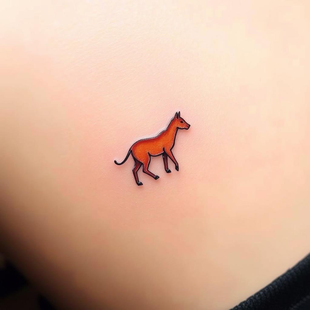 A delicate, minimalist tattoo illustration of a vibrant, color-detailed animal silhouette. A serene, intimate composition with soft, directional lighting illuminating the intricate details of the design. The animal form appears to be subtly emerging from the background, conveying a sense of tranquility and understated elegance. The color palette is muted yet striking, with a focus on precise, elegant linework and gradients. An image that captures the essence of tiny, refined animal tattoos, striking a balance between simplicity and artistry.