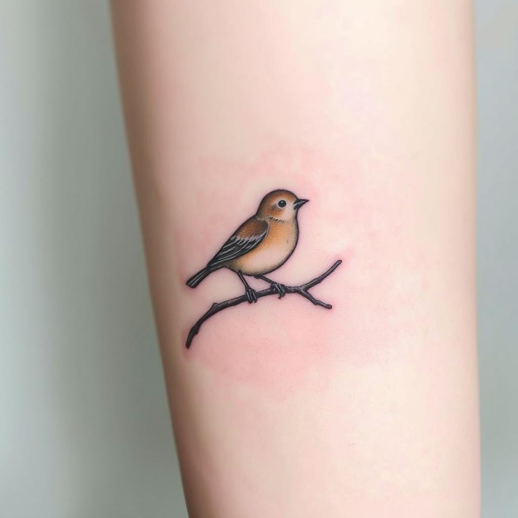 A delicate, minimalist tattoo of a small, realistic bird perched atop a branch, captured in a serene, natural setting. The bird's form is meticulously detailed, rendered in a muted, earthy color palette that evokes a sense of understated elegance. The branch extends subtly across the foreground, providing a simple, clean backdrop that allows the bird to take center stage. The lighting is soft and diffused, creating a sense of tranquility and intimacy. The overall composition is balanced and harmonious, reflecting the dainty, refined essence of this particular style of bird tattoo.