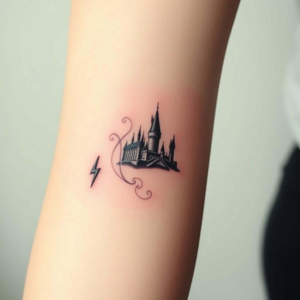 A delicate, subtly magical tattoo design of iconic Harry Potter imagery, captured in stunning detail. In the foreground, a tiny, minimalist lightning bolt rests against the skin, a symbol of the titular hero's destiny. Surrounding it, wisps of smoke-like magic swirl and dance, casting a warm, ethereal glow. In the middle ground, a meticulously rendered, miniature Hogwarts castle emerges from the mist, its towers and turrets rendered with exquisite precision. The background is a soft, muted palette, allowing the tattoo's mystical elements to take center stage. Lit by gentle, natural lighting and shot at a flattering angle, this tattoo embodies the hidden magic of the wizarding world, perfectly suited for the &amp;amp;amp;amp;amp;amp;amp;amp;amp;amp;amp;quot;Subtle Harry Potter Tattoo Designs: Hidden Magic&amp;amp;amp;amp;amp;amp;amp;amp;amp;amp;amp;quot; section.