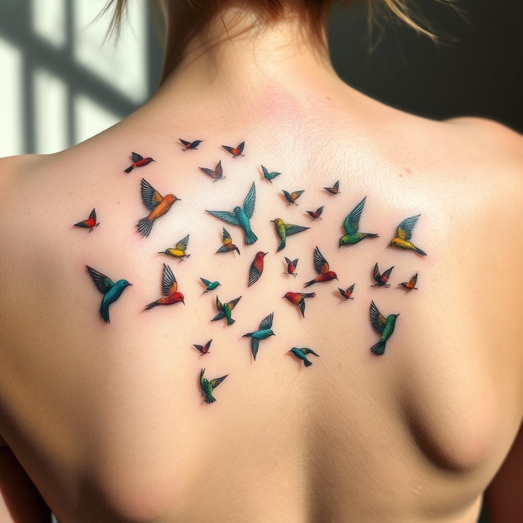 A delicate swarm of tiny bird tattoos perched gracefully on a woman's skin, their intricate feathers and vibrant colors capturing the eye. The birds appear in various poses - some in flight, others nestled calmly - creating a mesmerizing display that celebrates the beauty and freedom of nature. Soft, natural lighting illuminates the scene, casting gentle shadows that add depth and dimension. The overall atmosphere is serene and inspiring, inviting the viewer to imagine the personal significance behind these meaningful avian designs.