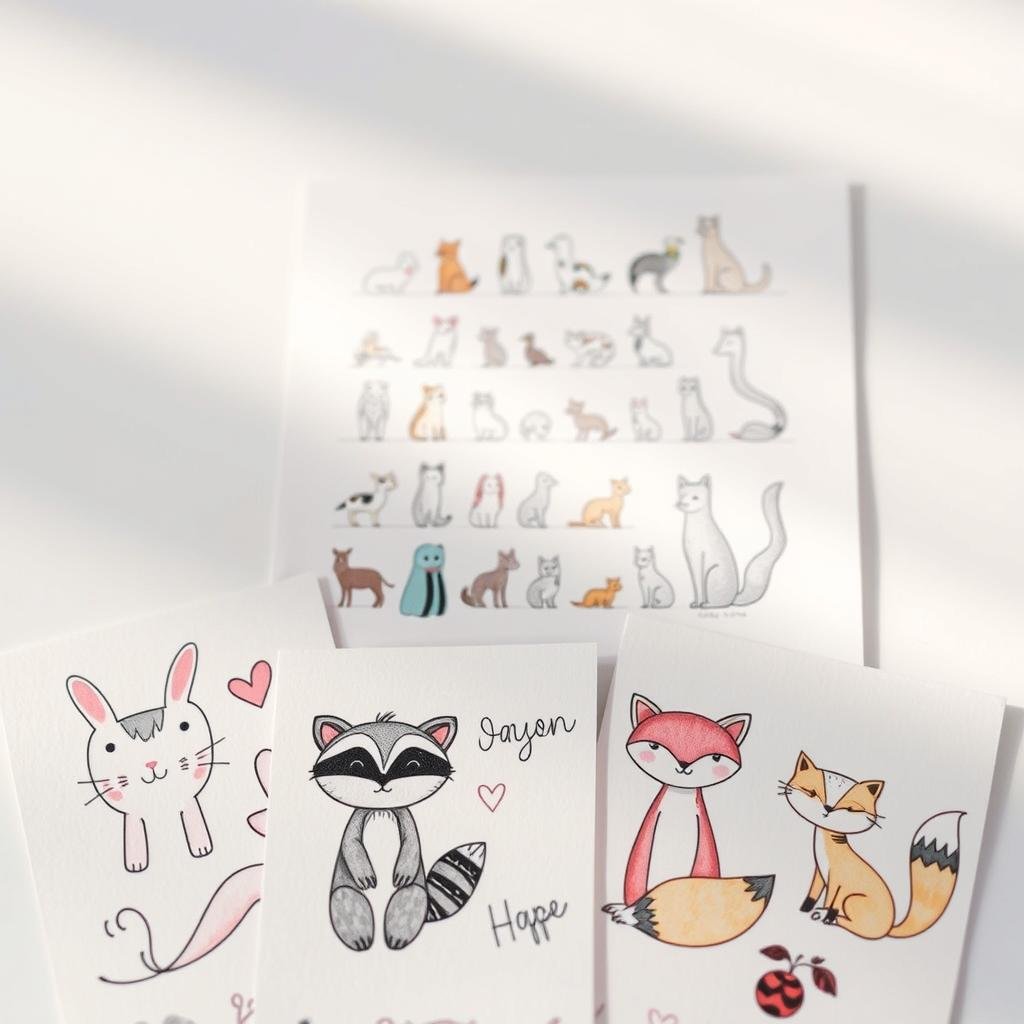 A delightful arrangement of whimsical animal tattoo designs, featuring a medley of cute and cuddly creatures in soft, pastel hues. In the foreground, a collection of temporary tattoos showcases an assortment of playful creatures, including a fluffy bunny, a curious raccoon, and a mischievous fox, all rendered in a charming, hand-drawn style. In the middle ground, a collage of sketch-like illustrations depict various animal silhouettes, each with unique patterns and textures, hinting at the versatility of these adorable designs. The background is a soft, dreamlike gradient, evoking a sense of tranquility and inspiration, setting the stage for these adorable animal tattoo concepts. Lighting is gentle and diffused, creating a warm, inviting atmosphere that invites the viewer to imagine these whimsical designs adorning the skin.