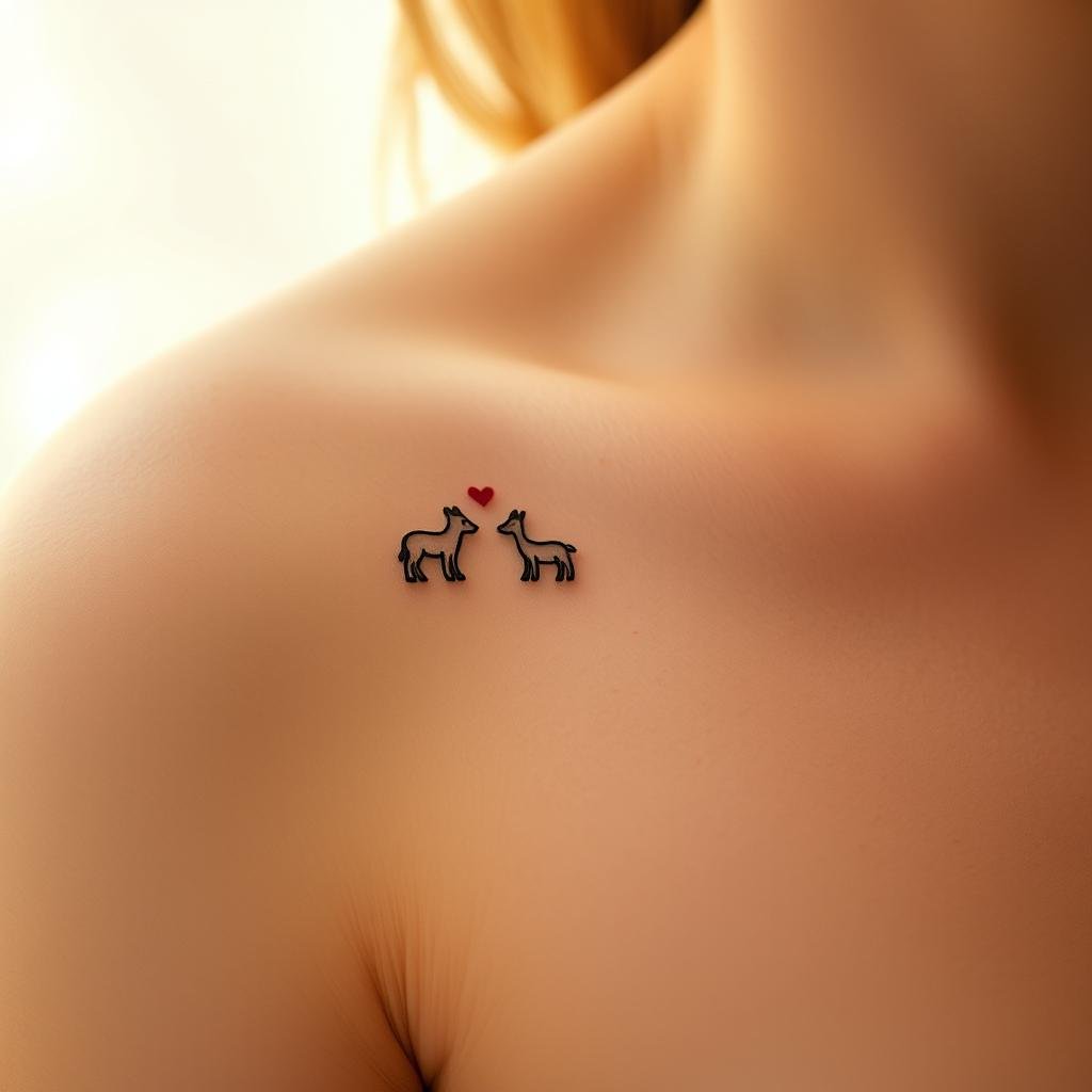 A detailed close-up of tiny, delicate animal tattoos adorning a person's skin, each design incorporating personal, heartfelt elements. The tattoos are rendered in a soft, slightly muted color palette, capturing an intimate, sentimental mood. The foreground features the tattoos themselves, showcasing intricate linework and subtle shading that brings the animal forms to life. The middle ground hints at the human canvas, with a subtle blurred background suggesting a serene, meditative setting. Warm, diffused lighting casts a gentle glow, evoking a sense of quiet contemplation. The overall composition emphasizes the personal connection between the wearer and their chosen tattoo designs.