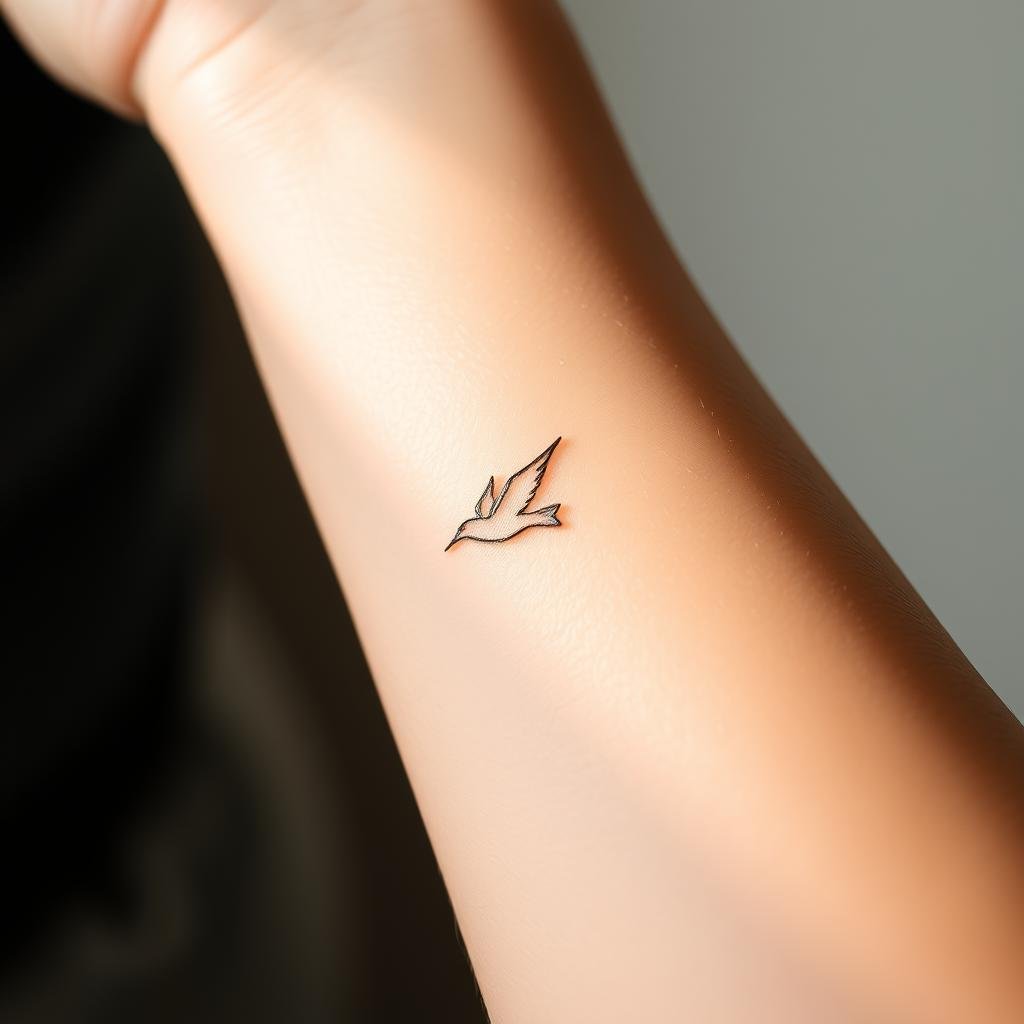 A detailed close-up shot of a small, delicate bird tattoo design on the skin of a person's body. The tattoo features a minimalist, elegant silhouette of a bird in flight, with clean lines and subtle shading. The design is positioned on the forearm, wrist, or shoulder, allowing the natural curves and texture of the skin to complement the tattoo. The lighting is soft and natural, creating a warm, intimate atmosphere that highlights the details of the tattoo. The background is blurred, keeping the focus on the intricate bird design and its placement on the body.