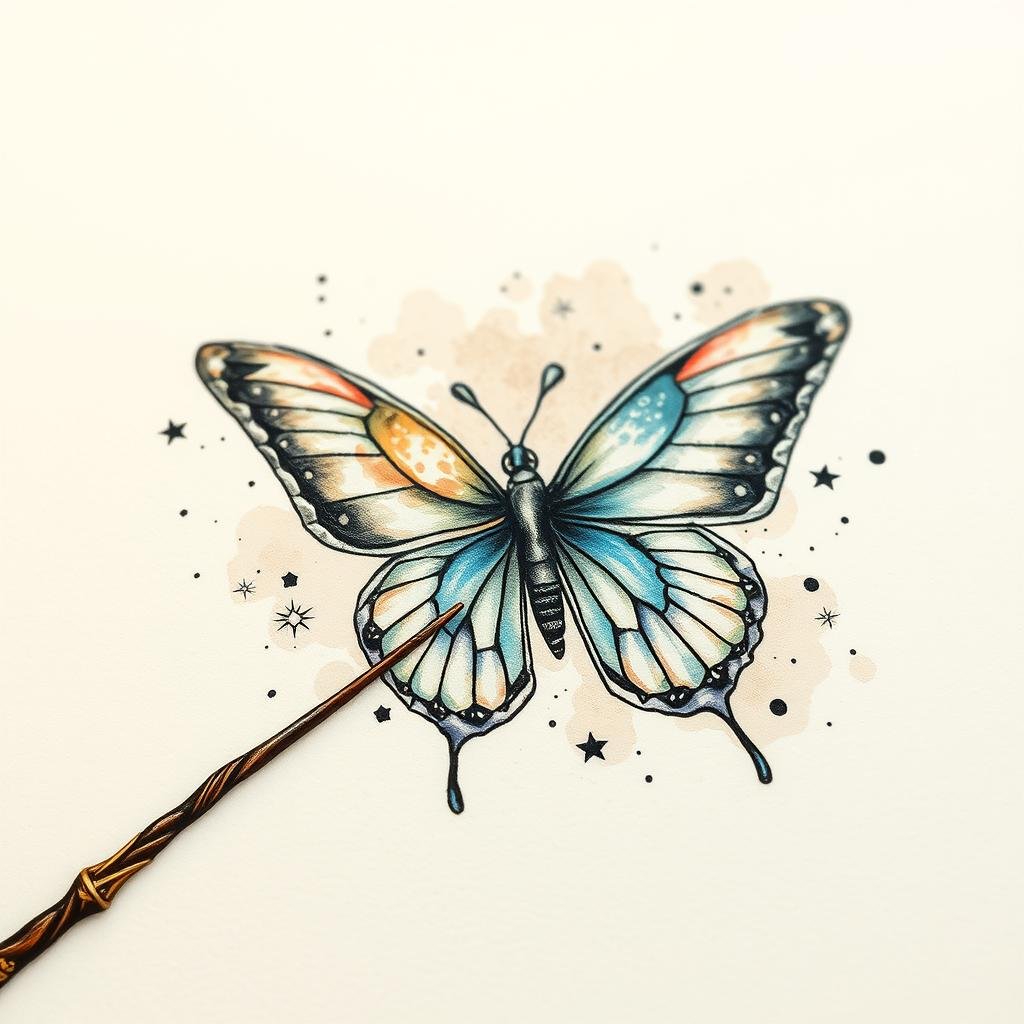 A detailed magical Harry Potter-inspired tattoo design, featuring intricate line work and whimsical watercolor elements. The foreground showcases a delicate, script-like wand, casting a subtle glow. In the middle ground, a shimmering, iridescent butterfly flutters, its wings subtly transforming into pages from an ancient spell book. The background is a soft, muted wash of earthy tones, with hints of star-like sparkles, evoking a sense of mysticism and wonder. Captured in a natural, documentary-style lighting, this image conveys a sense of enchantment and the enduring magic of the Wizarding World.