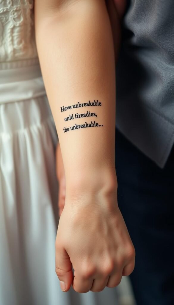 A heartfelt father-daughter duo, their skin adorned with delicate tattoos of meaningful quotes. The daughter's arm bears a phrase capturing their unbreakable bond, while the father's wrist showcases a cherished message of unconditional love. Soft lighting and a blurred, ethereal background create an intimate, emotional atmosphere, emphasizing the deep connection between them. The tattoos are rendered in a minimalist, elegant style, allowing the words to take center stage and convey the profound significance of their relationship.