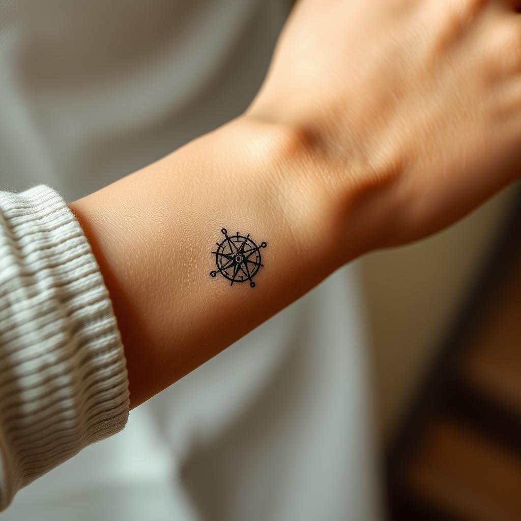 A high-resolution wide-angle photograph of a diverse collection of small, intricate travel-themed tattoos adorning the skin of adventurous individuals. The tattoos feature minimalist designs of landmarks, compasses, hot air balloons, airplanes, ships, and other symbols representing the spirit of wanderlust and exploration. The tattoos are captured in striking detail, showcasing the delicate linework and shading. The image has a warm, earthy color palette, with soft, directional lighting that accentuates the texture of the skin and the artistry of the tattoos. The composition emphasizes the small scale and personal nature of these captivating travel mementos.