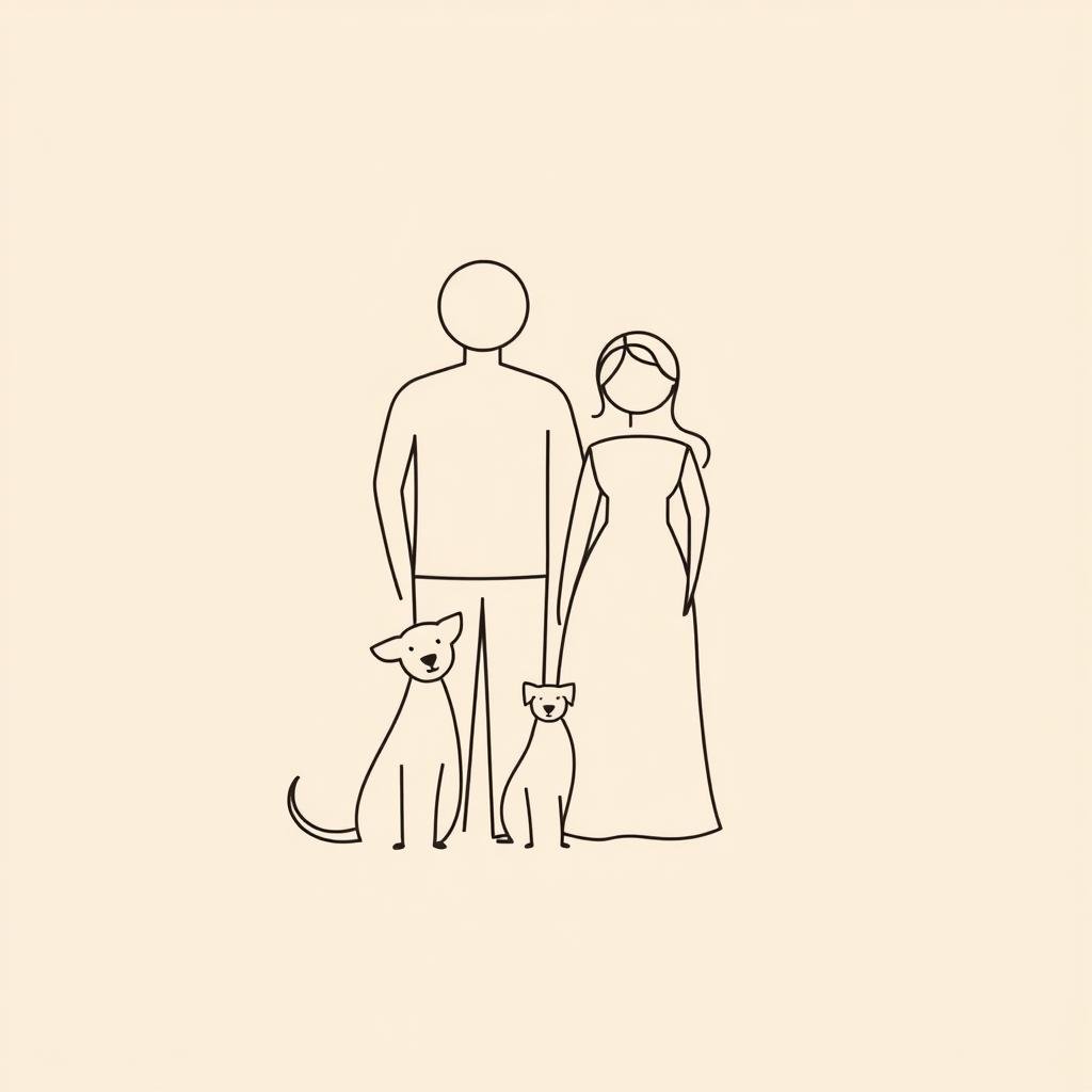 A minimalist line art design featuring a stylized family of three figures - a parent, child, and pet. The figures are rendered in clean, abstract shapes with thin, elegant lines, creating a modern, understated aesthetic. The composition is balanced and harmonious, with the figures arranged in a visually compelling way. The overall mood is one of simplicity, warmth, and togetherness, conveying the close-knit bond of a family. The image has a muted, earthy color palette, with soft, diffused lighting that gives it a calm, serene atmosphere. The focus is on the minimalist, symbolic representation of the family unit, without any distracting details or embellishments.