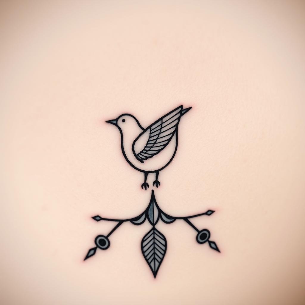 A minimalist tattoo of a delicate bird, perched atop cultural symbols. The bird's wings are highlighted with crisp linework, cast in a soft, diffused lighting. The background features a subtle, textured motif that evokes the essence of ancient, indigenous art. The composition is elegantly balanced, with the bird's graceful form anchoring the design. The overall mood is one of quiet, introspective beauty, inviting the viewer to discover the deeper meaning behind the symbolism.