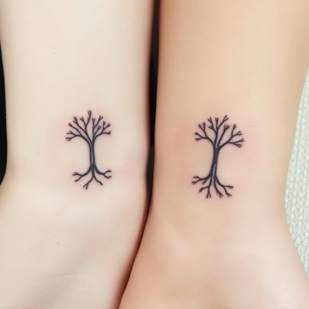 A pair of delicate, entwined siblings' symbols, rendered in intricate line-work and subtle shading, against a soft, muted background. In the foreground, two intertwined symbols - perhaps a heart, infinity loop, or mirrored silhouettes - representing the bond between brother and sister. The middle ground features a gentle, watercolor-like wash of complementary hues, evoking a sense of harmony and unity. In the background, a faint, abstract pattern or minimal texture adds depth and visual interest, without distracting from the central tattoo design. Soft, diffused lighting casts a warm, intimate glow, conveying the deep, familial connection these sibling tattoos symbolize.