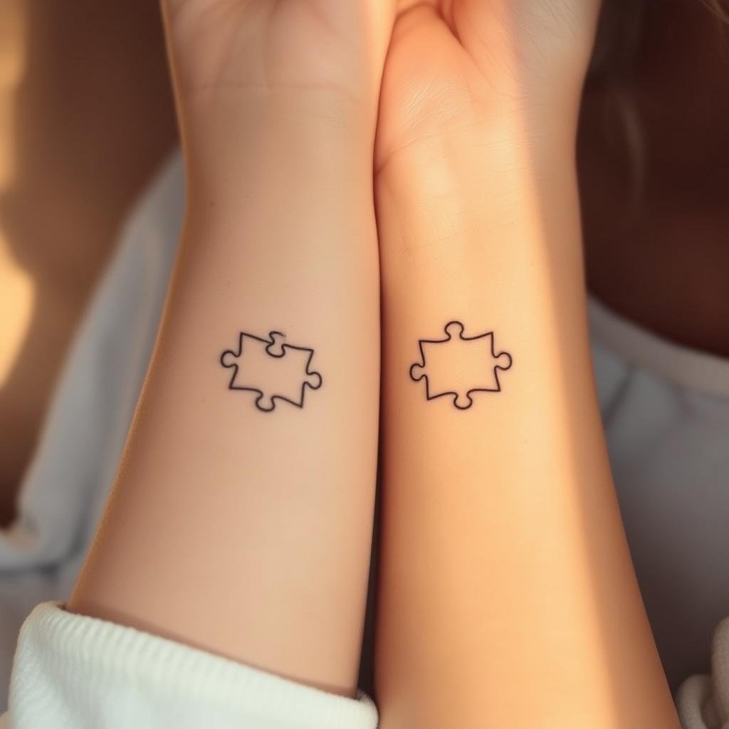 A pair of delicate, interlocking puzzle piece tattoos adorning the wrists of a mother and her daughter. The design is elegantly simple, with the pieces seamlessly fitting together, symbolizing their unbreakable bond. The tattoos are depicted in a soft, warm light, casting subtle shadows that accentuate the intricate linework. The skin tone is natural and glowing, creating a sense of intimacy and affection. The composition showcases the tattoos in a close-up, minimalist style, allowing the design to take center stage and convey the loving, complementary relationship between the two women.