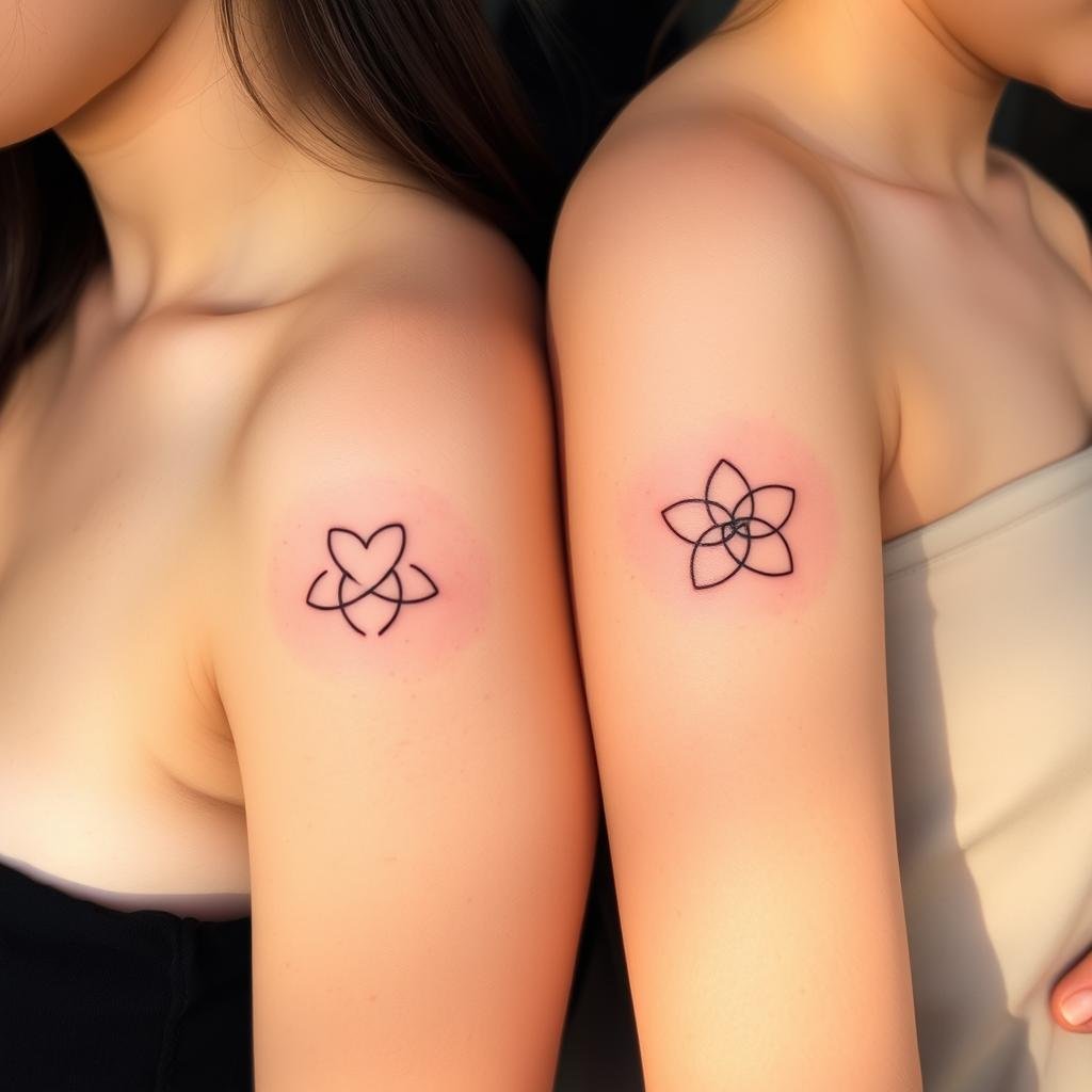 A pair of delicate, intricate sibling tattoo designs, featuring intertwined symbols or minimal line art, rendered in a soft, muted color palette. The tattoos are set against a warm, natural background, with subtle lighting and a serene, contemplative mood, capturing the meaningful bond between two loved ones.