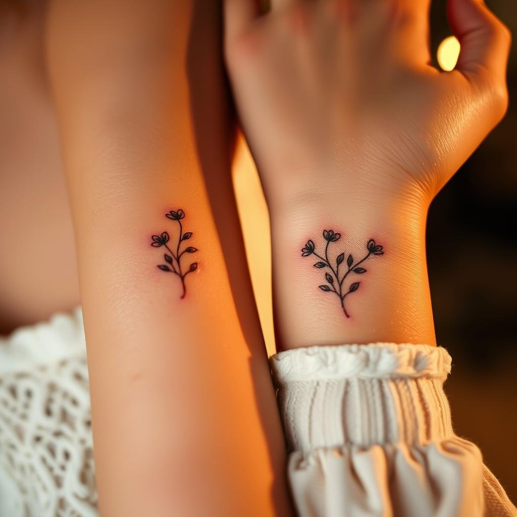 A pair of delicate tattoos on the wrists of a mother and daughter, their intricate designs intertwined like the threads of their unbreakable bond. The tattoos feature delicate floral motifs, creating a sense of beauty, grace, and the profound connection between the two. Soft, warm lighting illuminates the scene, casting a gentle glow and highlighting the intricate details of the ink. The camera captures the tattoos from a close, intimate angle, emphasizing the meaning and significance behind these meaningful symbols of love.