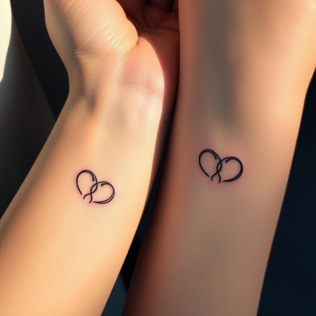 A pair of intricate, minimalist sibling symbol tattoos on the inner wrists of two young adults - a brother and sister. The tattoos feature delicate, intertwined lines forming a harmonious, abstract design that symbolizes the deep, lifelong bond between siblings. Soft, warm lighting from the side casts gentle shadows, highlighting the fine details of the tattoos. The skin around the tattoos appears youthful and unblemished, emphasizing the personal, sentimental nature of these matching designs. The overall atmosphere conveys a sense of familial love, loyalty, and the cherished connection shared by this brother and sister.