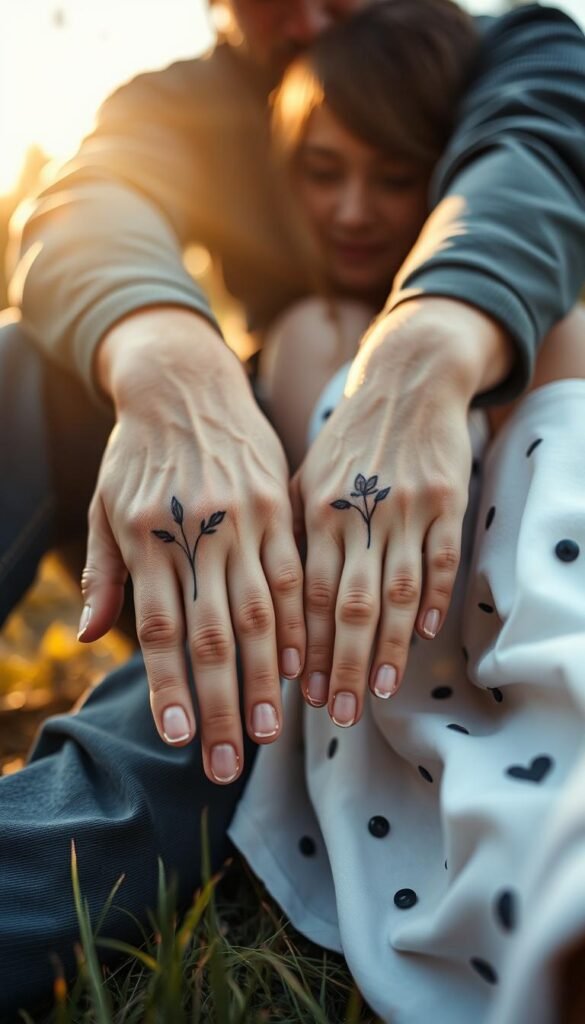 A serene outdoor scene, a father and daughter sitting together, their hands intertwined as they admire their matching tattoo designs - a delicate floral motif symbolic of their bond. The image is bathed in soft, golden light, creating a warm, intimate atmosphere. The camera captures the scene from a low angle, emphasizing the sense of connection and vulnerability. The background is blurred, allowing the focus to remain on the central figures, their tattoos prominently displayed. The overall composition conveys a sense of peace, love, and the enduring strength of the father-daughter relationship.