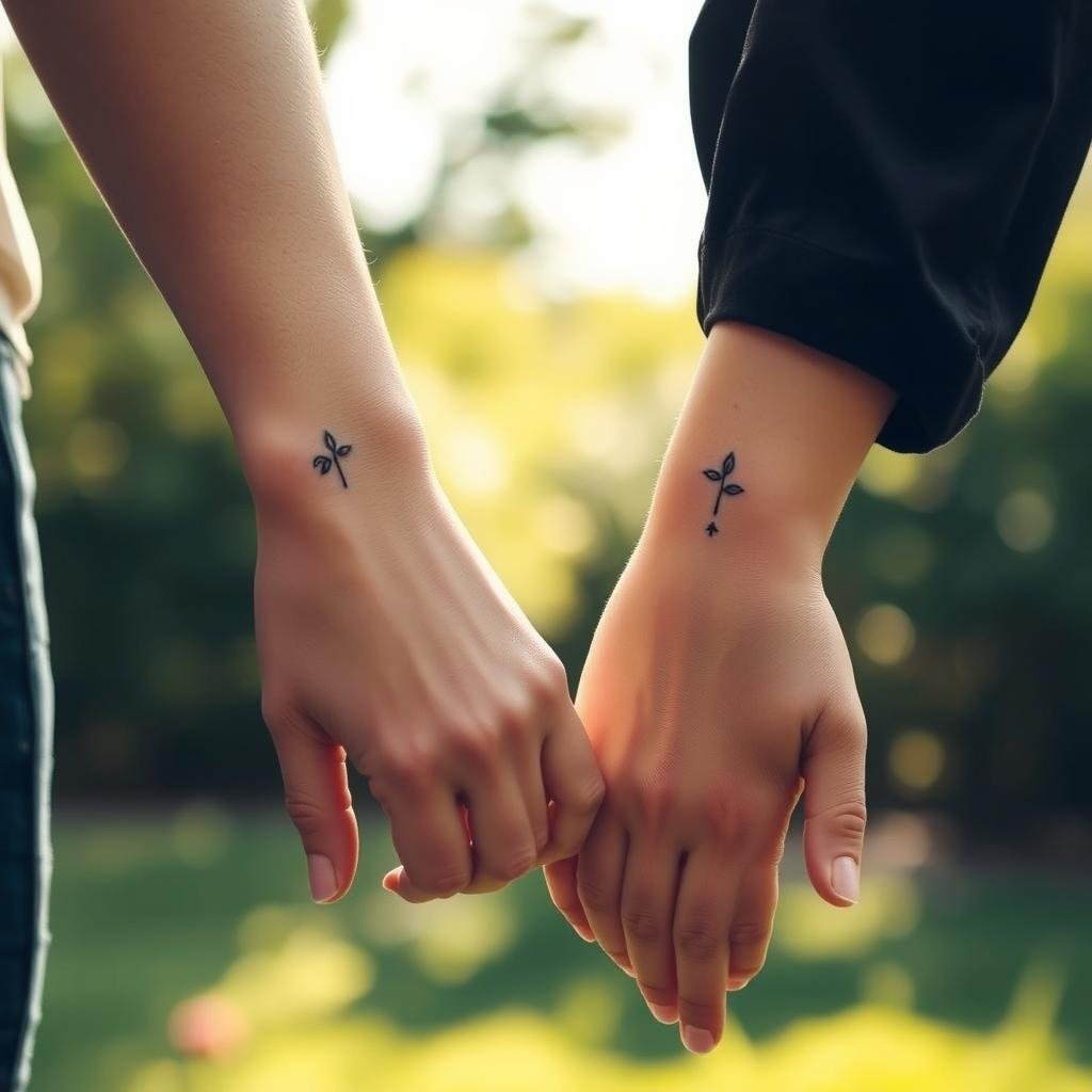 A serene, well-lit scene showcasing a mother and daughter's delicate, matching tattoo designs. In the foreground, their hands intertwine, revealing complementary, minimalist symbols or nature-inspired motifs inked on their wrists or forearms. The background depicts a tranquil, softly blurred outdoor setting, perhaps a lush garden or a sun-dappled forest, evoking a sense of harmony and closeness. The lighting is gentle, casting a warm, golden glow that accentuates the intricate linework and subtle shading of the tattoos. The overall mood is one of tenderness, intimacy, and the cherished bond between a mother and her child.