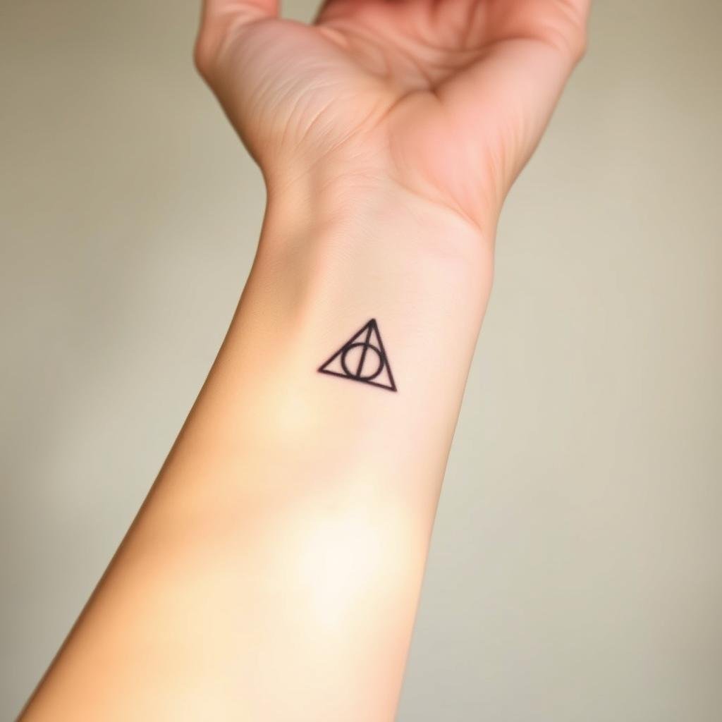 A subtle collection of Harry Potter-inspired tattoo designs, captured in a whimsical, ethereal lighting. Delicate linework and muted colors bring to life iconic magical elements - a wand, a house crest, a Deathly Hallows symbol - resting elegantly on the skin. The designs flow seamlessly, as if imbued with a touch of enchantment. A soft, hazy background sets the mood, evoking the essence of the Wizarding World. Angles and compositions highlight the thoughtful placement of these meaningful tattoos, reflecting the wearer's personal connection to the beloved fantasy series.