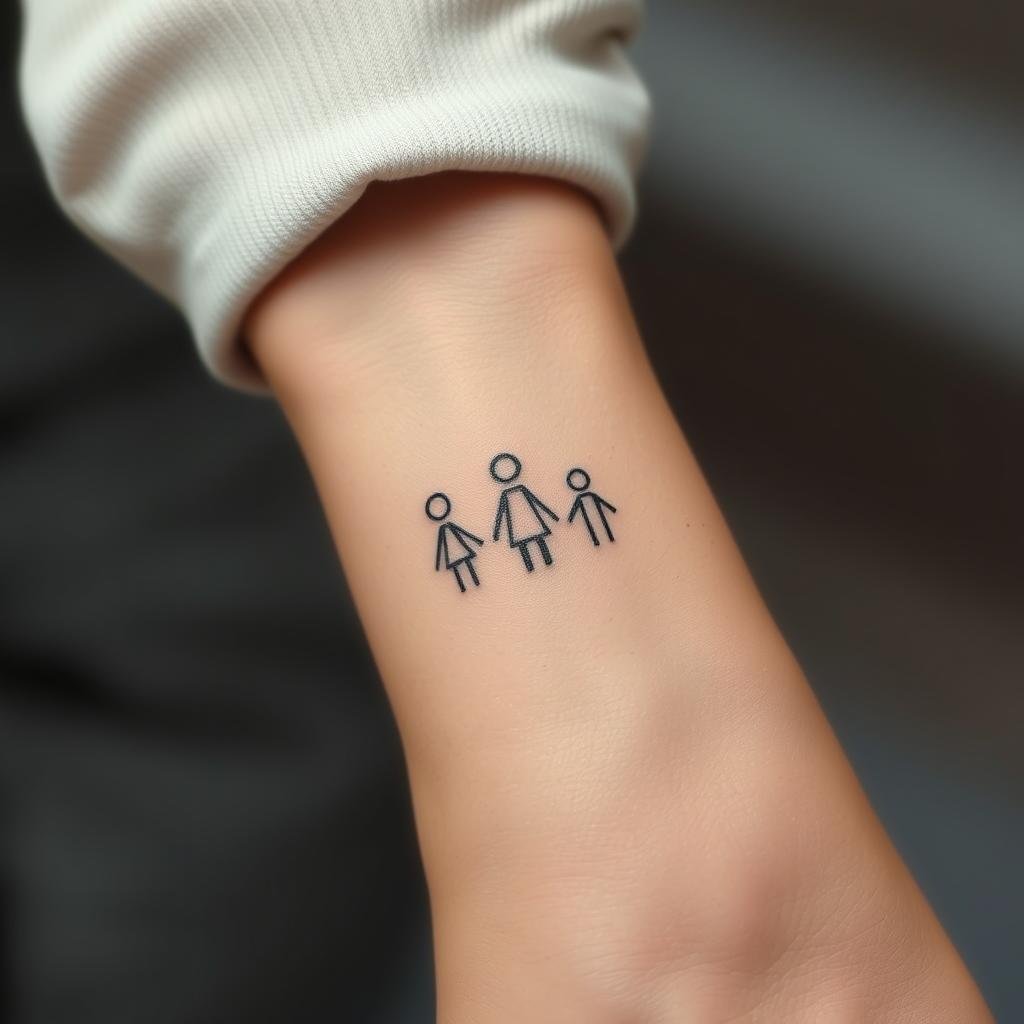 A tightly framed shot of three minimalist tattoos on a person's wrist or forearm. The tattoos are simple line drawings or abstract shapes, representing a family of three - perhaps a parent and two children. The tattoos are rendered in a muted, earthy palette, with a subtle play of light and shadow accentuating their understated elegance. The skin tone is natural, and the composition is centered, allowing the tattoos to be the focal point. The overall mood is one of quiet contemplation and the bonds of family, captured in a timeless, elegant manner.