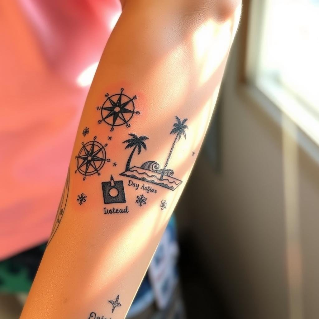 A vibrant, travel-inspired tattoo sleeve unfurls across a tanned forearm, capturing the essence of wanderlust. Delicate line-work depicts intricate compass roses, silhouetted palm trees, and rolling ocean waves, each element a memento of adventures past. Dappled sunlight filters through the design, casting a warm, golden glow that accentuates the intricate linework. The tattoo's composition is balanced, with elements of contrast and depth that draw the eye inward, inviting the viewer to imagine the stories behind each symbol. This captivating ink-work stands as a testament to the wearer's free spirit and insatiable desire to explore the world.