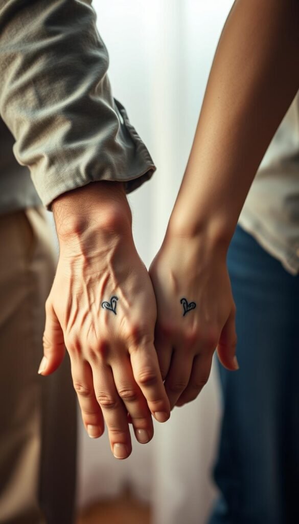 A warm, intimate photograph of a father and daughter's interlocked hands, showcasing their matching tattoos. The foreground focuses on the delicate, intricate designs adorning their skin - symbols of their unbreakable bond, each one carrying a meaningful personal story. The background softly blurs, creating a sense of privacy and intimacy, as if capturing a private moment between the two. Soft, diffused lighting casts a gentle glow, emphasizing the tender connection between them. The composition is balanced, with the hands positioned centrally, drawing the viewer's eye to the details of the tattoos. An emotional, poignant scene that encapsulates the depth of a father-daughter relationship.