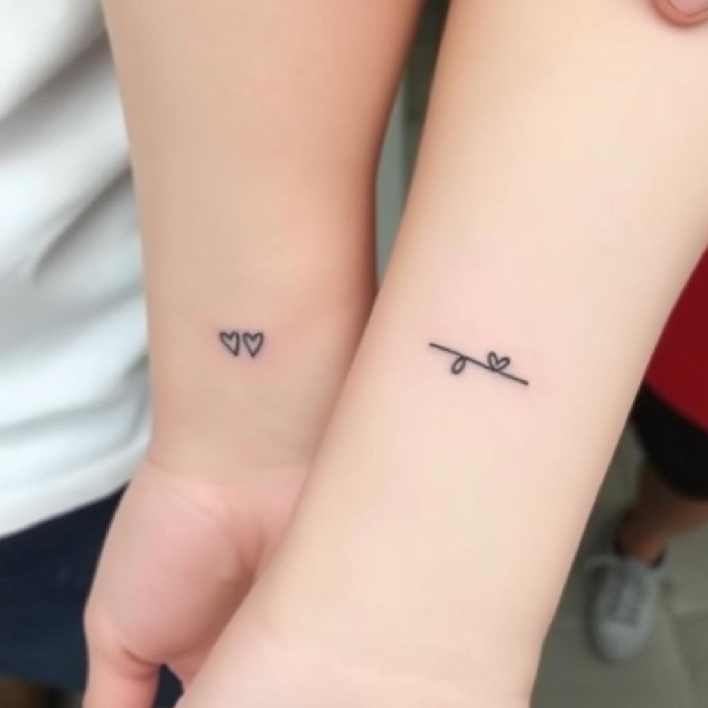 A warm, intimate scene of two sibling's matching tattoos in a softly-lit, natural setting. The tattoos are small, delicate designs that symbolize their bond - perhaps a shared symbol, animal, or abstract pattern thoughtfully placed on their wrists, behind their ears, or along their spines. The siblings stand close together, their skin glowing, capturing a moment of quiet connection and shared meaning. The image has a nostalgic, earthy tone, emphasizing the personal significance of these meaningful ink tributes.