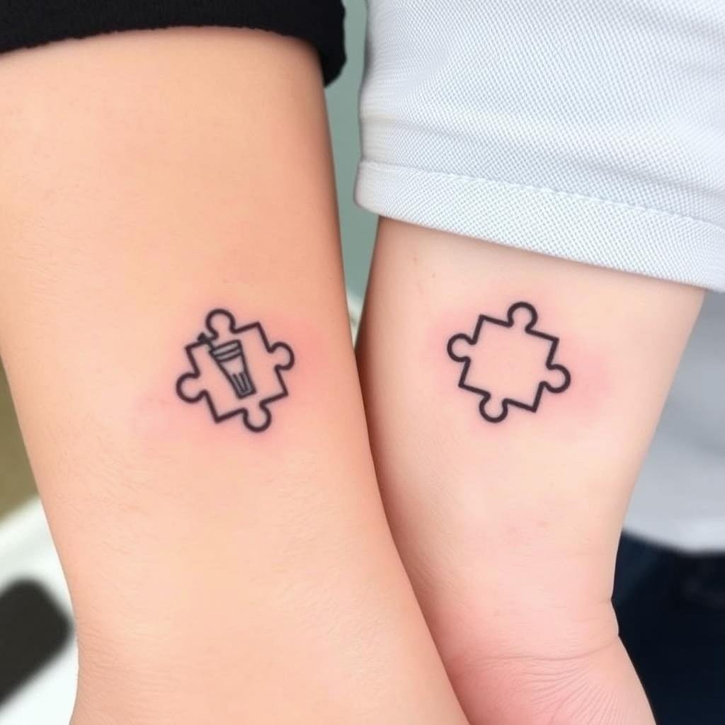 Close-up view of two small, meaningful sibling tattoos on the inner wrists of a brother and sister. The tattoos are simple yet symbolic, with one depicting a small wave and the other a shooting star. The skin has a soft, warm hue, and the tattoos are crisp and well-defined, appearing as if freshly inked. Soft, diffused lighting bathes the scene, casting gentle shadows that accentuate the delicate lines and organic shapes of the tattoos. The composition focuses tightly on the wrists, creating an intimate, personal, and relatable atmosphere that conveys the close bond between the siblings.