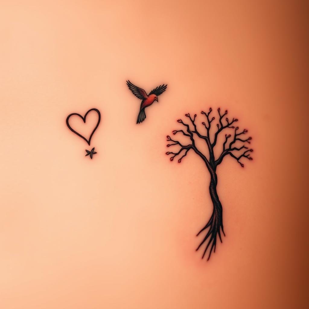 Delicate mother-daughter tattoo symbols against a soft, ethereal background. In the foreground, intricate designs intertwine - a heart, a bird, a tree of life. The figures are rendered in a detailed, lifelike style with a warm, natural lighting that casts gentle shadows. In the middle ground, a serene landscape unfolds, hinting at the profound bond and shared journey between mother and child. The overall mood is one of tenderness, intimacy, and the timeless connection that transcends generations.