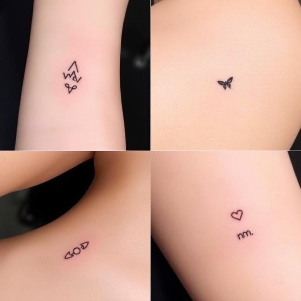 High-quality minimalist tattoo designs with modern styles, showcased on smooth skin in natural lighting. Delicate line-work, simple geometric patterns, and subtle symbolic motifs create a chic, understated aesthetic. The tattoos are arranged in a tidy, visually appealing composition, with a harmonious balance of negative space. The focus is on the refined, trendy nature of these small tattoos, highlighting their versatility and suitability for the article's &quot;Trendy Small Tattoos: Keeping It Minimalist&quot; section.