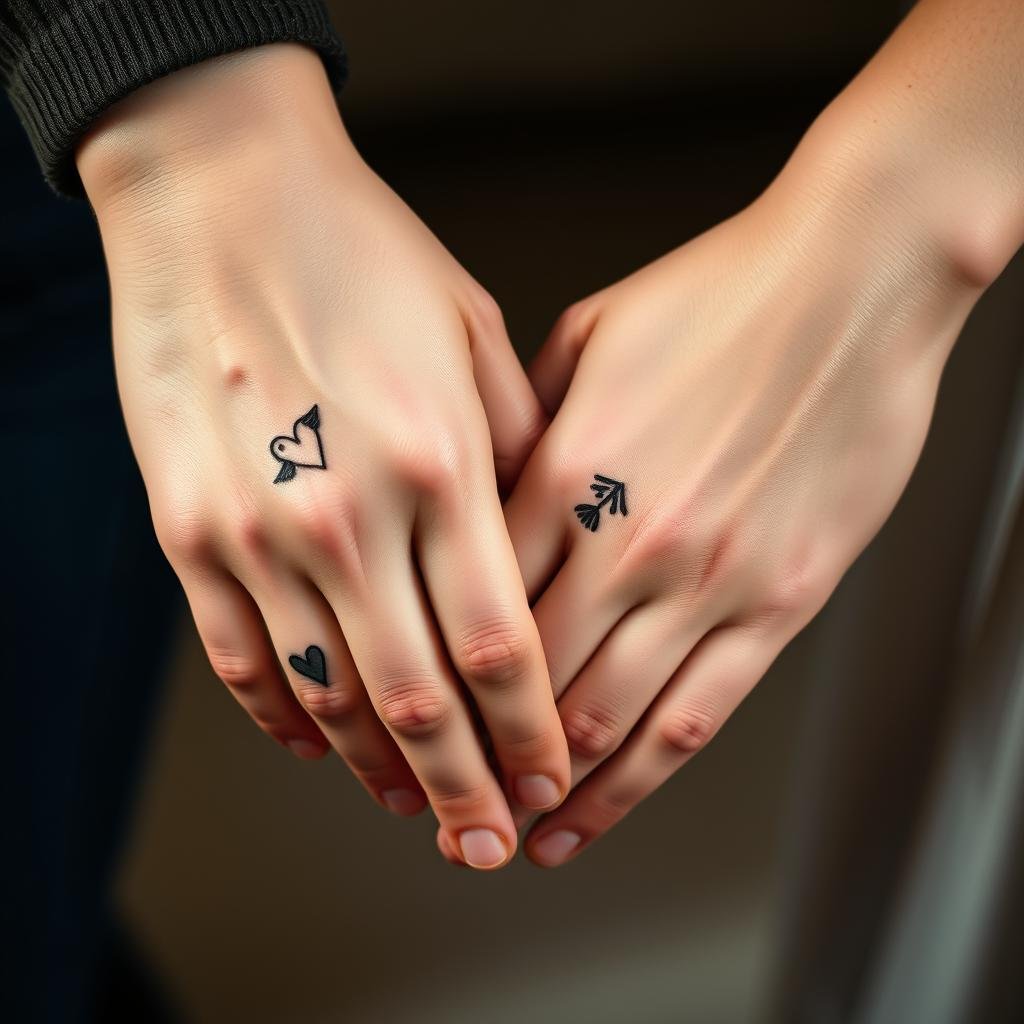 Minimalist mother and daughter holding hands, their skin adorned with delicate line-art tattoos that symbolize their bond. Soft, warm lighting casts a gentle glow, highlighting the intricate designs - a simple heart, a pair of birds in flight, intertwined roots. The image radiates a sense of quiet connection, a subtle celebration of the unbreakable link between a mother and her child. The frame is tight, focused on their hands and the small, meaningful tattoos that speak volumes about their relationship. The overall mood is serene, intimate, and deeply meaningful.