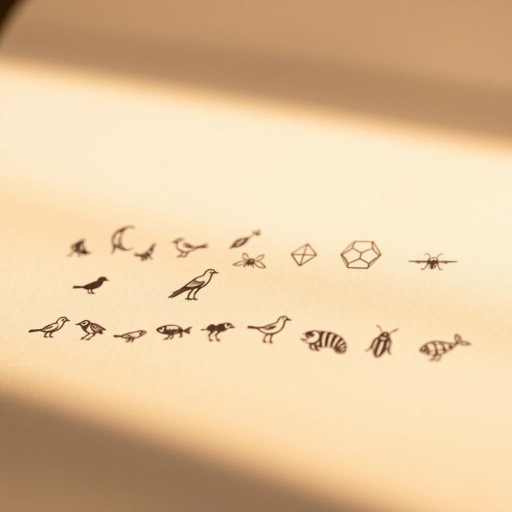 Tiny delicate animal ink sketches with meaningful symbolic elements. In the foreground, a series of minimalist monochrome tattoo-style designs, featuring a variety of small creatures like birds, insects, and marine life, rendered in detailed brush strokes. The middle ground showcases the animals subtly transforming into abstract geometric patterns, evoking the harmony between nature and geometry. The background is a soft, hazy gradient, creating a serene, meditative atmosphere. Soft, warm lighting from an off-camera source casts gentle shadows, emphasizing the organic textures and elegant simplicity of the compositions. The overall aesthetic is intimate, thoughtful, and visually captivating.