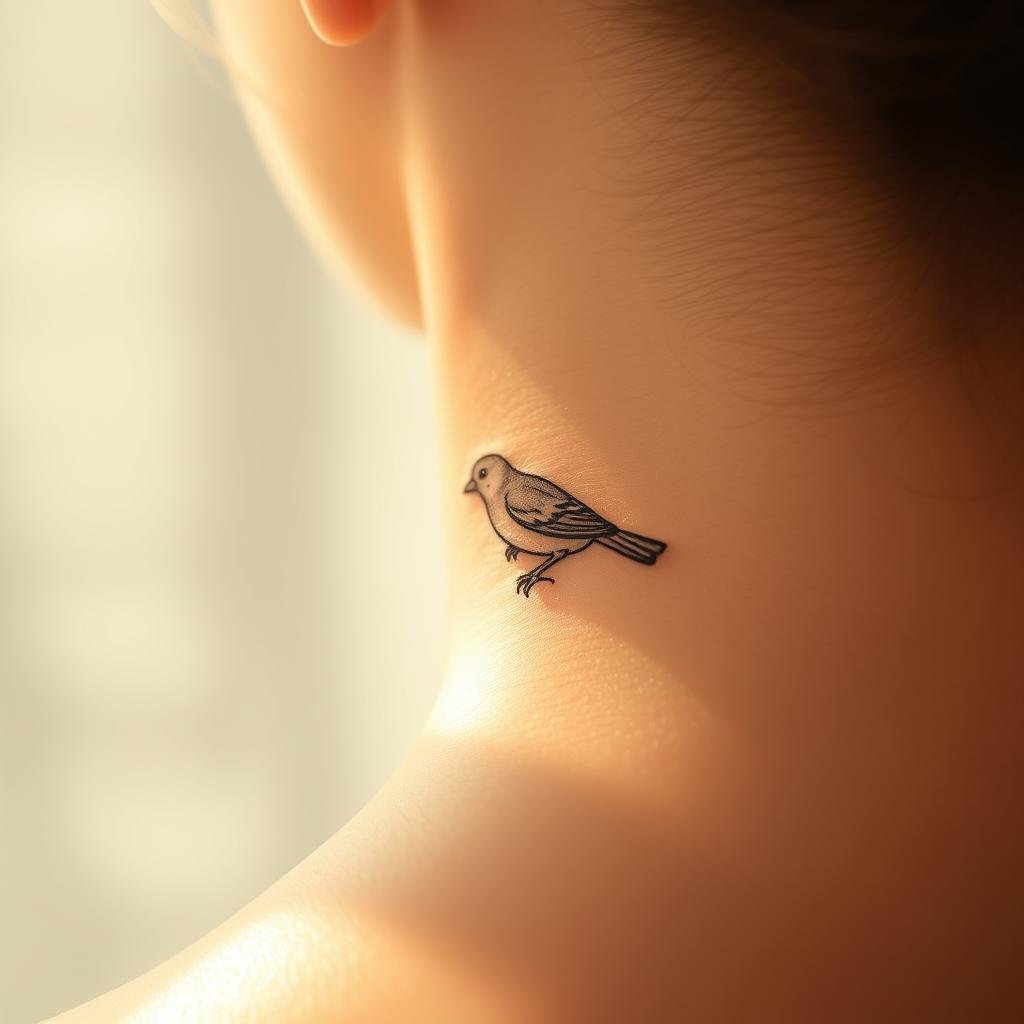 a delicate, intricate tattoo design featuring a small, lifelike animal perched on the skin, rendered in a fine, delicate linework style with subtle shading and highlights to capture the gentle, delicate nature of the subject. the tattoo is set against a soft, hazy background with a sense of movement and fluidity, creating an elegant, understated aesthetic. the lighting is natural and diffused, lending a warm, intimate mood to the scene. the overall impression is one of a beautiful, minimalist tattoo that celebrates the beauty and grace of the natural world.