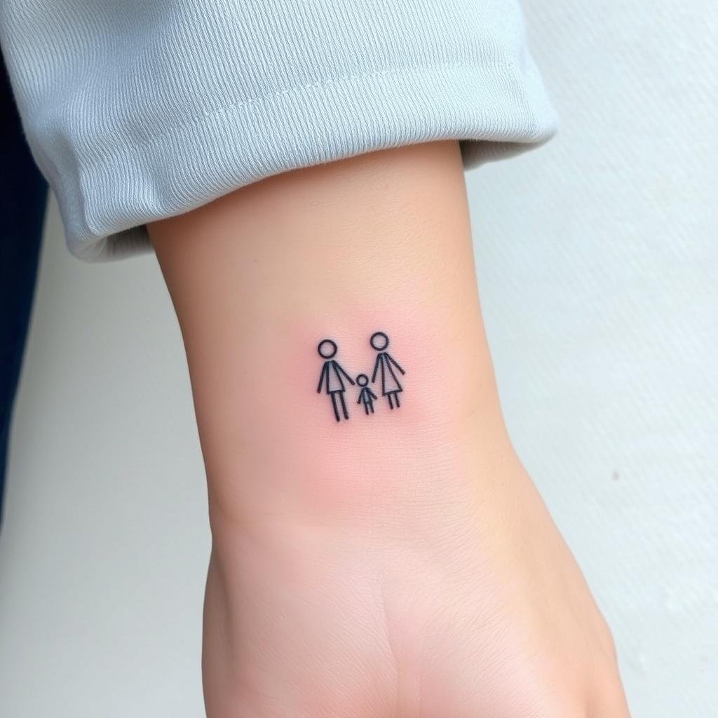 colored minimalist family tattoo design on a man's wrist