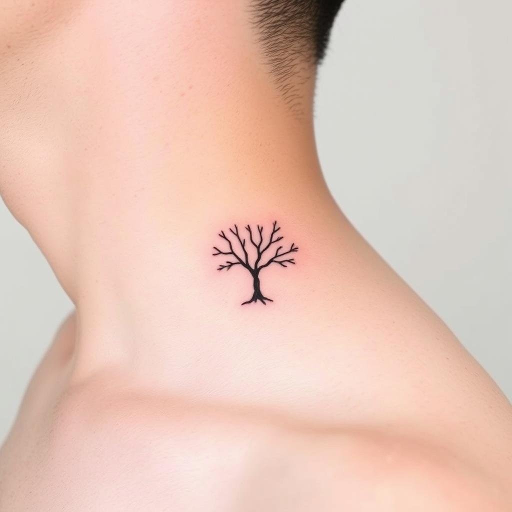 minimalist tree tattoo design with delicate branches, placed subtly on a man's collarbone