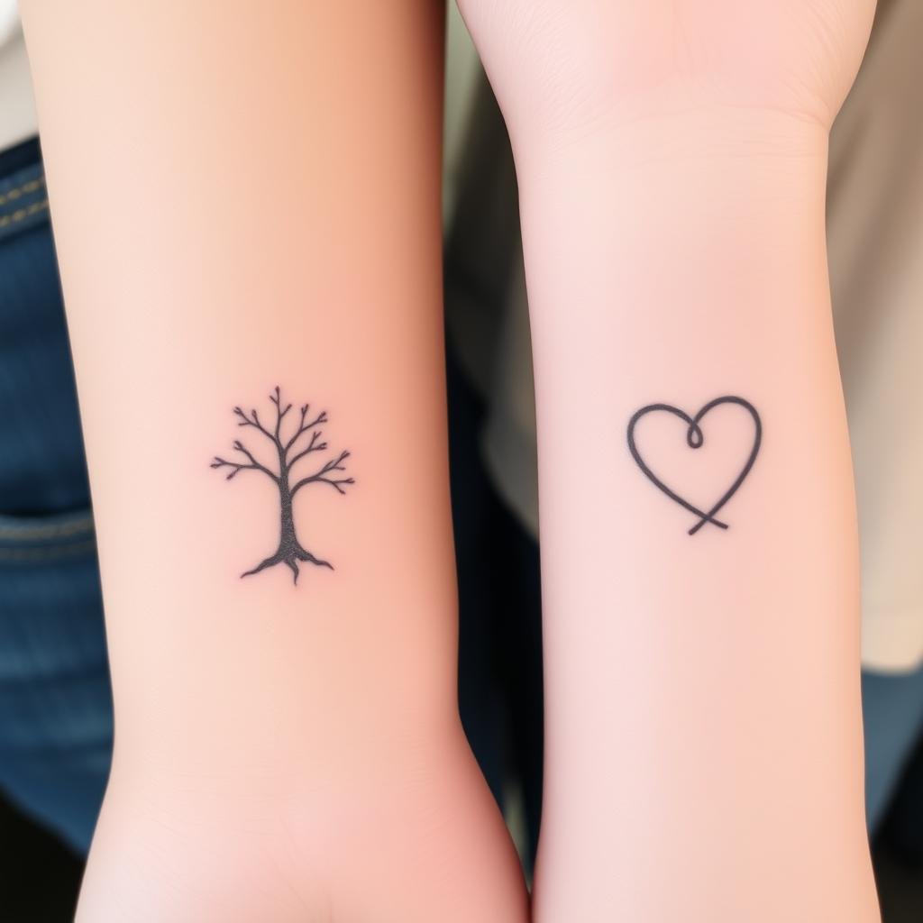 simple small grey ink tree tattoo on mother wrist and knot heart tattoo on daughter wrist.